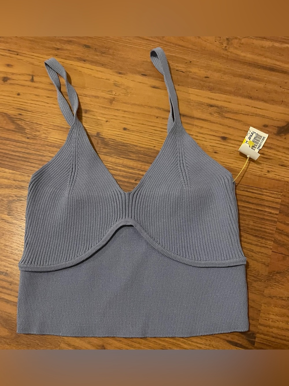 Cute Knit Ribbed Bralette Cami Plunge V Neck Tank - Dusty Blue Gray Small